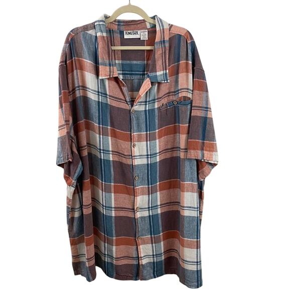 King Size Brand Men’s Linen Blend Plaid Shirt Size 5XL - Picture 1 of 9